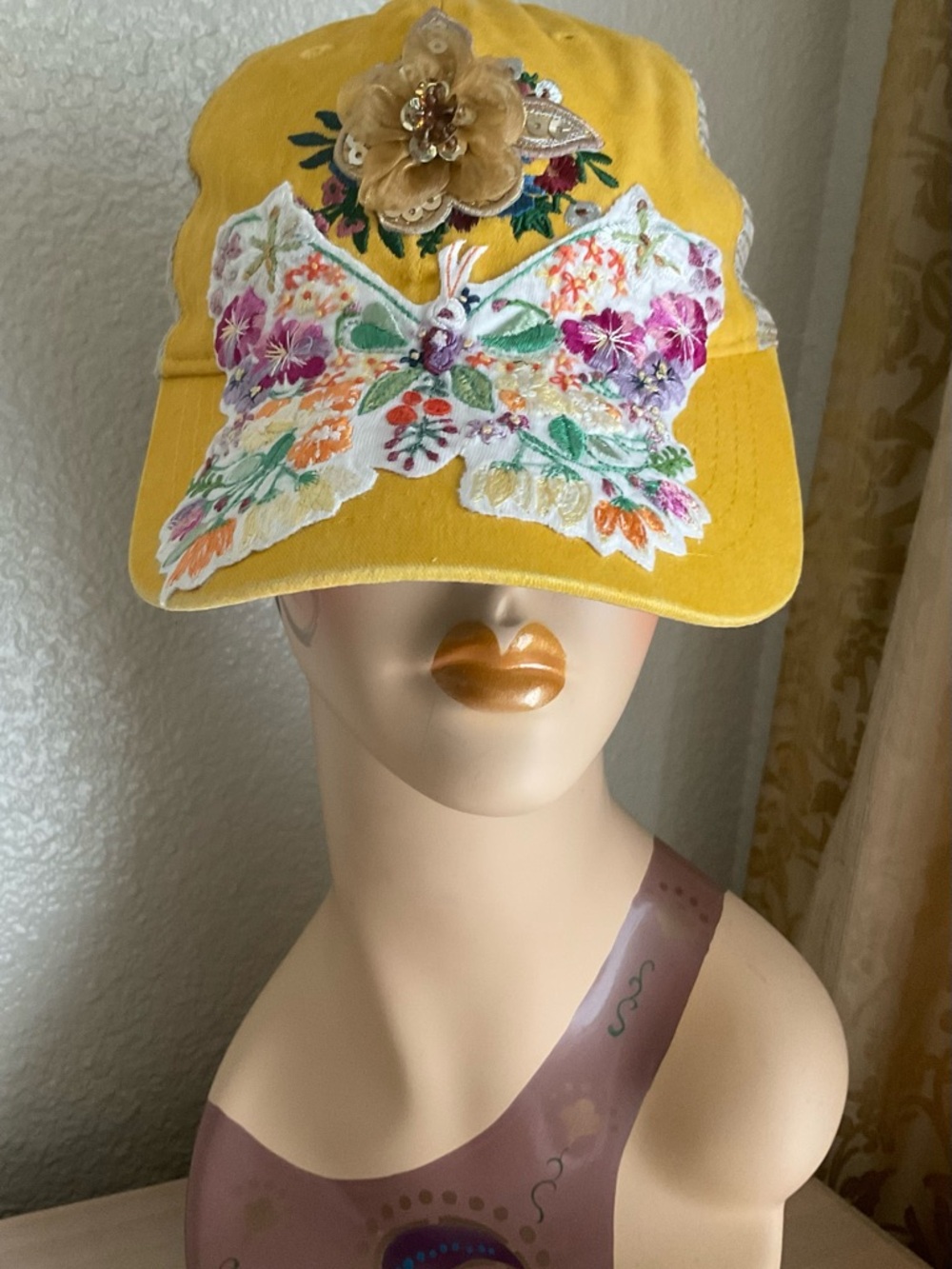 Yellow Butterfly Embroidered Floral Baseball Cap Upcycled